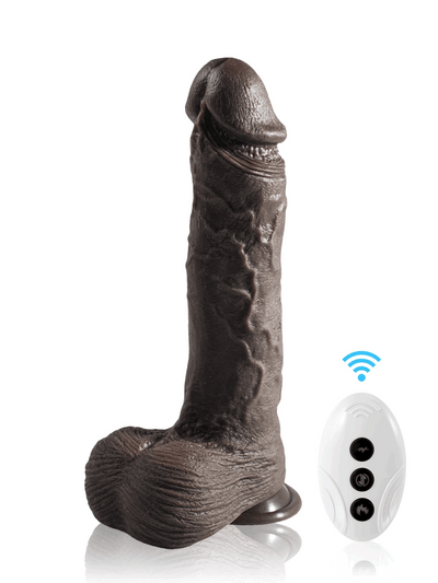 Dario | Schwarzer Dildo mit ausgeprägtem Adernrelief und Stossfunktion | 26.5 cm