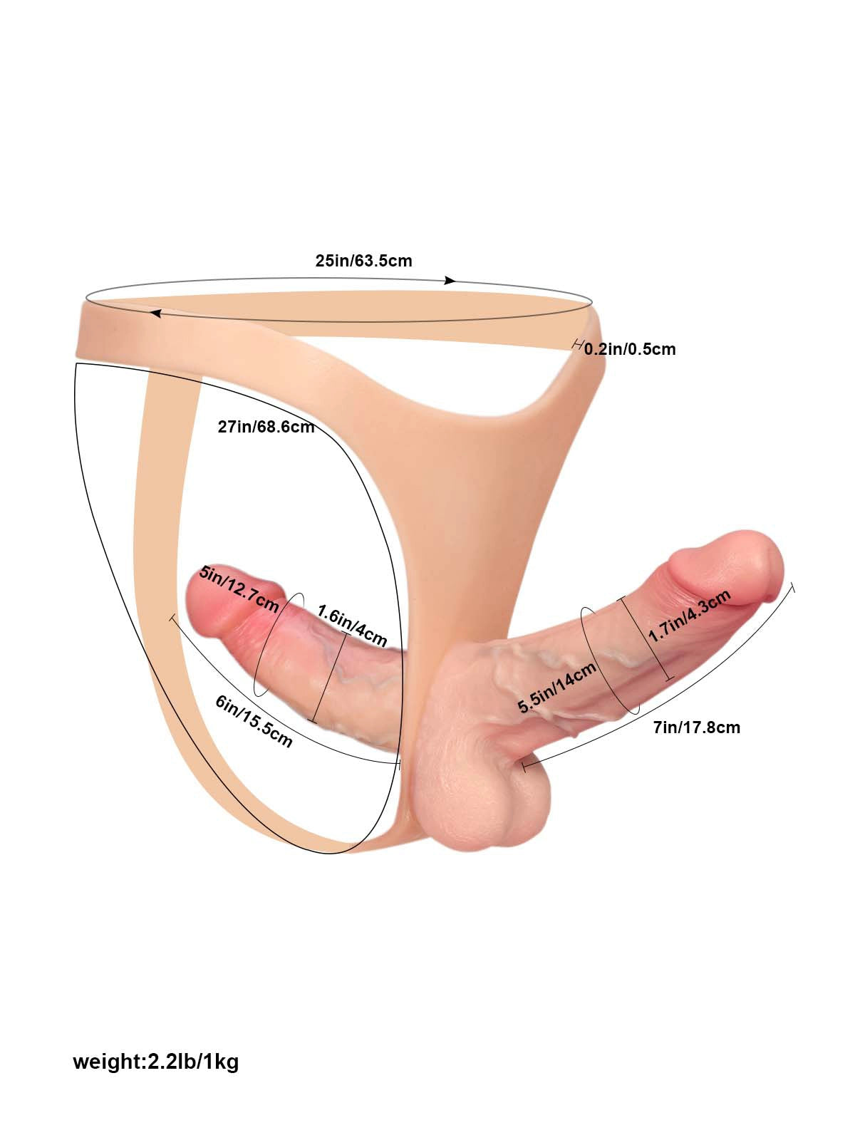 Kilian | Doppelter Umschnalldildo mit elastischem Gurt | 15.5 und 17.8 cm